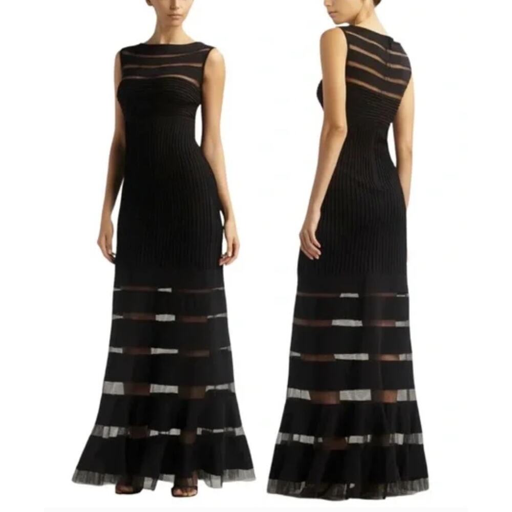 Tadashi Shoji Illusion Evening Gown Black Mesh Stripes Sleeveless Dress Size XL